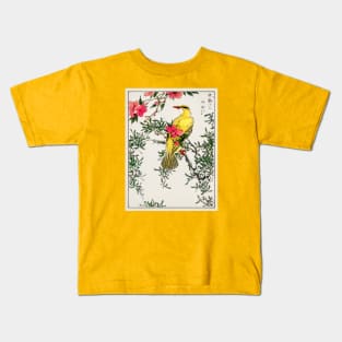 Chinese Bush-warbler and Drooping Peach old Japanese woodblock print Kids T-Shirt